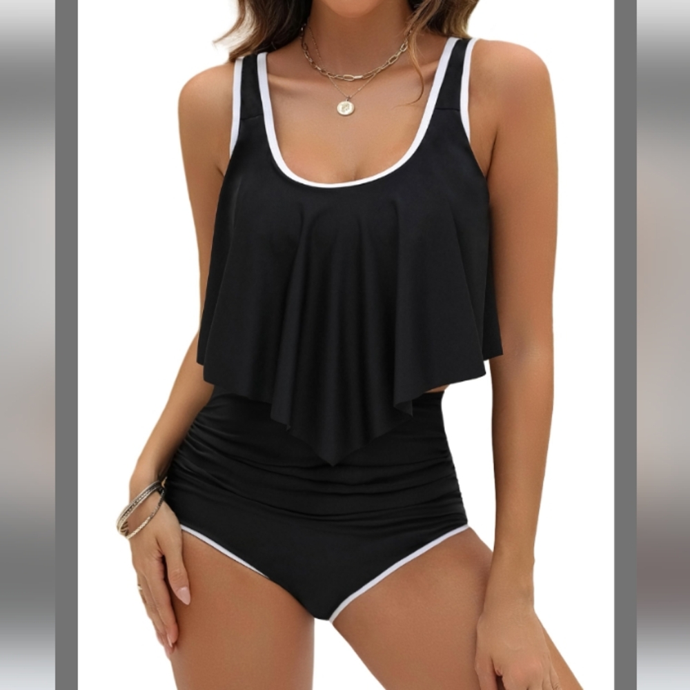 Unbranded Black With White Trim 2 Piece Bathing Suit Sz L